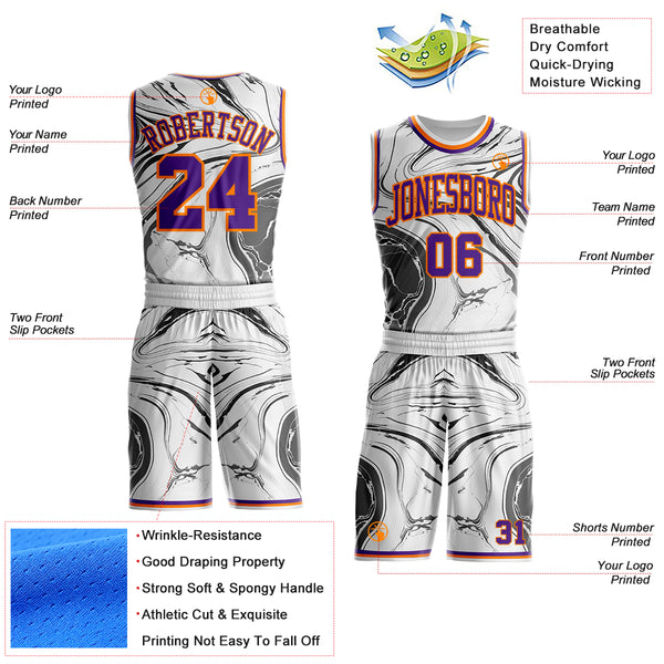Custom White Purple Gray-Bay Orange Marble Swirl Liquid Fluid Round Neck Sublimation Basketball Uniform Jersey