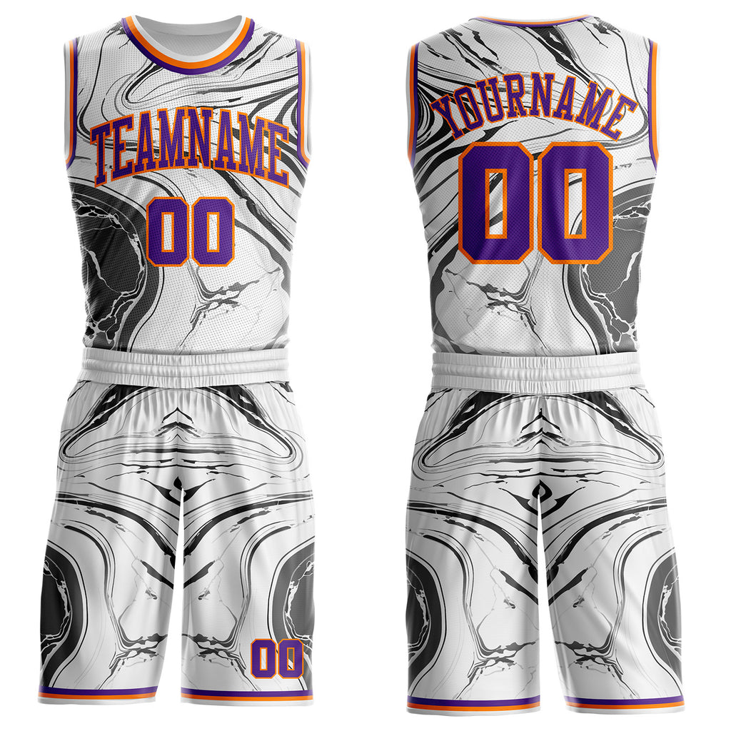 Custom White Purple Gray-Bay Orange Marble Swirl Liquid Fluid Round Neck Sublimation Basketball Uniform Jersey