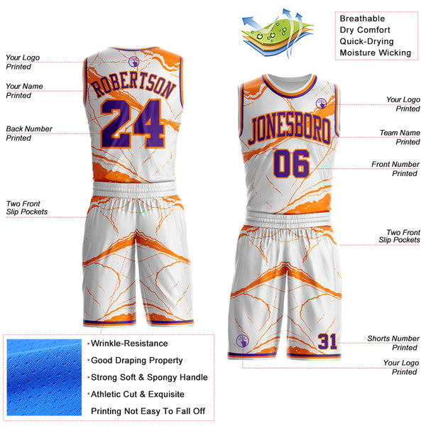 Custom White Purple-Bay Orange Marble Swirl Liquid Fluid Round Neck Sublimation Basketball Uniform Jersey