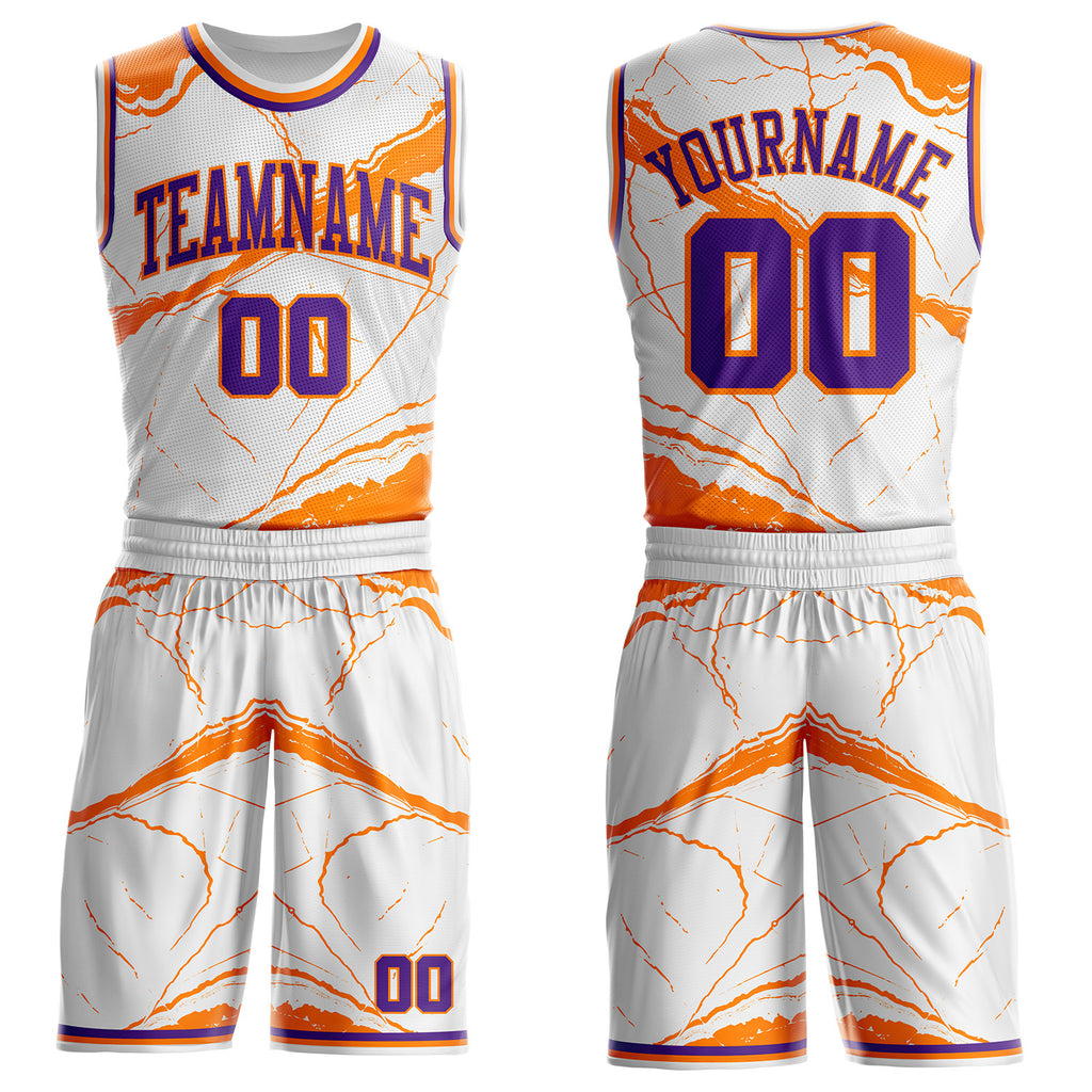 Custom White Purple-Bay Orange Marble Swirl Liquid Fluid Round Neck Sublimation Basketball Uniform Jersey