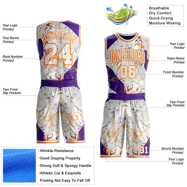 Custom White Purple-Bay Orange Marble Swirl Liquid Fluid Round Neck Sublimation Basketball Uniform Jersey
