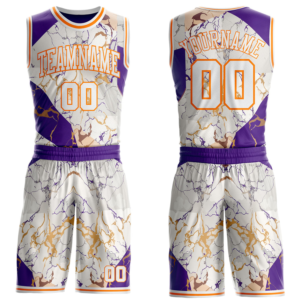 Custom White Purple-Bay Orange Marble Swirl Liquid Fluid Round Neck Sublimation Basketball Uniform Jersey