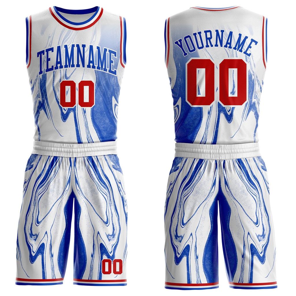 Custom White Red-Thunder Blue Marble Swirl Liquid Fluid Round Neck Sublimation Basketball Uniform Jersey