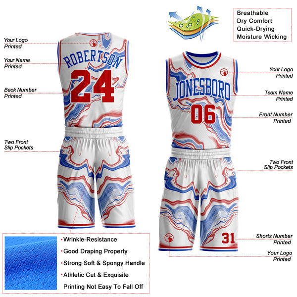 Custom White Red-Thunder Blue Marble Swirl Round Neck Sublimation Basketball Uniform Jersey