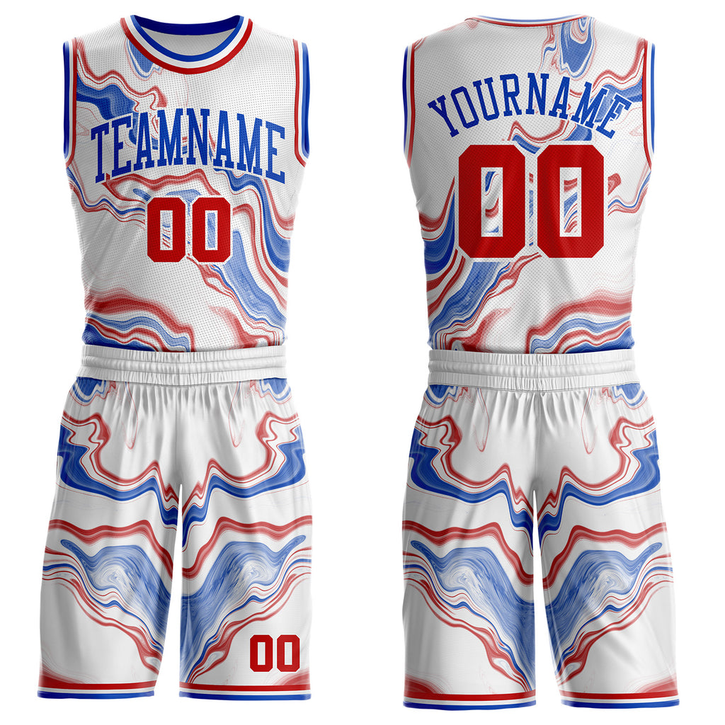 Custom White Red-Thunder Blue Marble Swirl Round Neck Sublimation Basketball Uniform Jersey