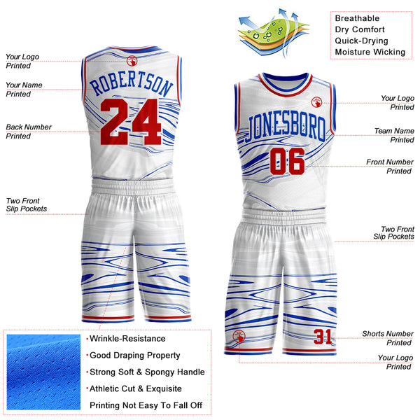 Custom White Red-Thunder Blue Marble Swirl Liquid Fluid Round Neck Sublimation Basketball Uniform Jersey