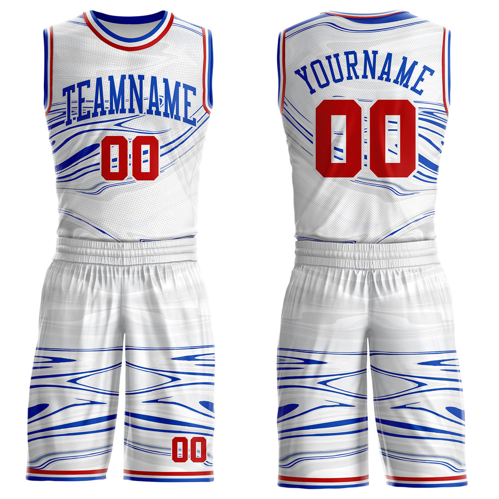 Custom White Red-Thunder Blue Marble Swirl Liquid Fluid Round Neck Sublimation Basketball Uniform Jersey