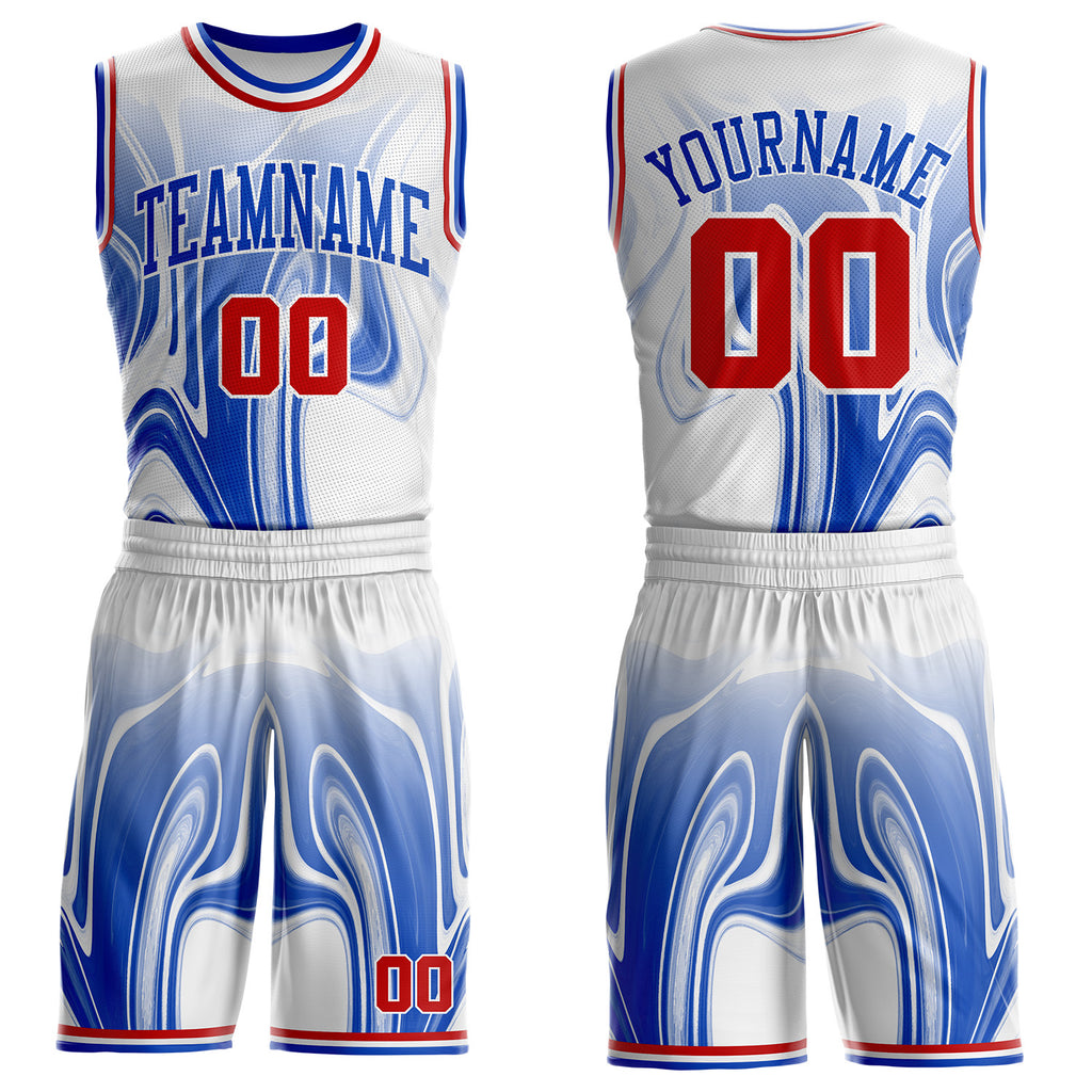 Custom White Red-Thunder Blue Marble Swirl Liquid Fluid Round Neck Sublimation Basketball Uniform Jersey