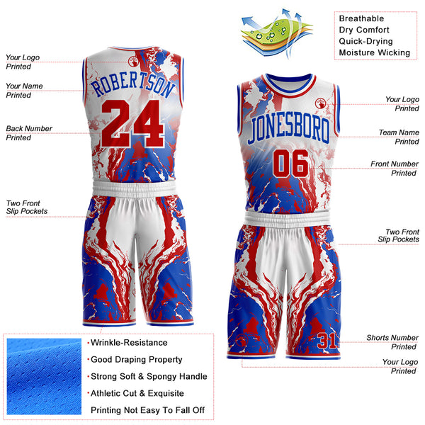 Custom White Red-Thunder Blue Marble Swirl Liquid Fluid Round Neck Sublimation Basketball Uniform Jersey