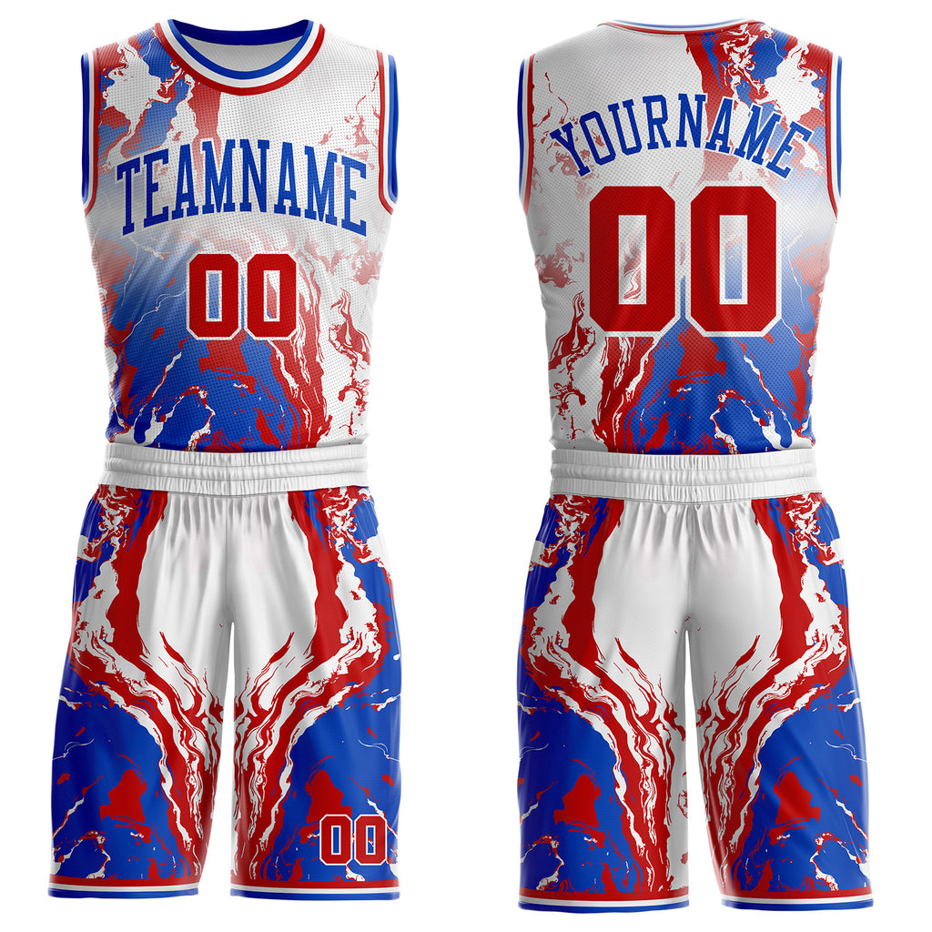Custom White Red-Thunder Blue Marble Swirl Liquid Fluid Round Neck Sublimation Basketball Uniform Jersey