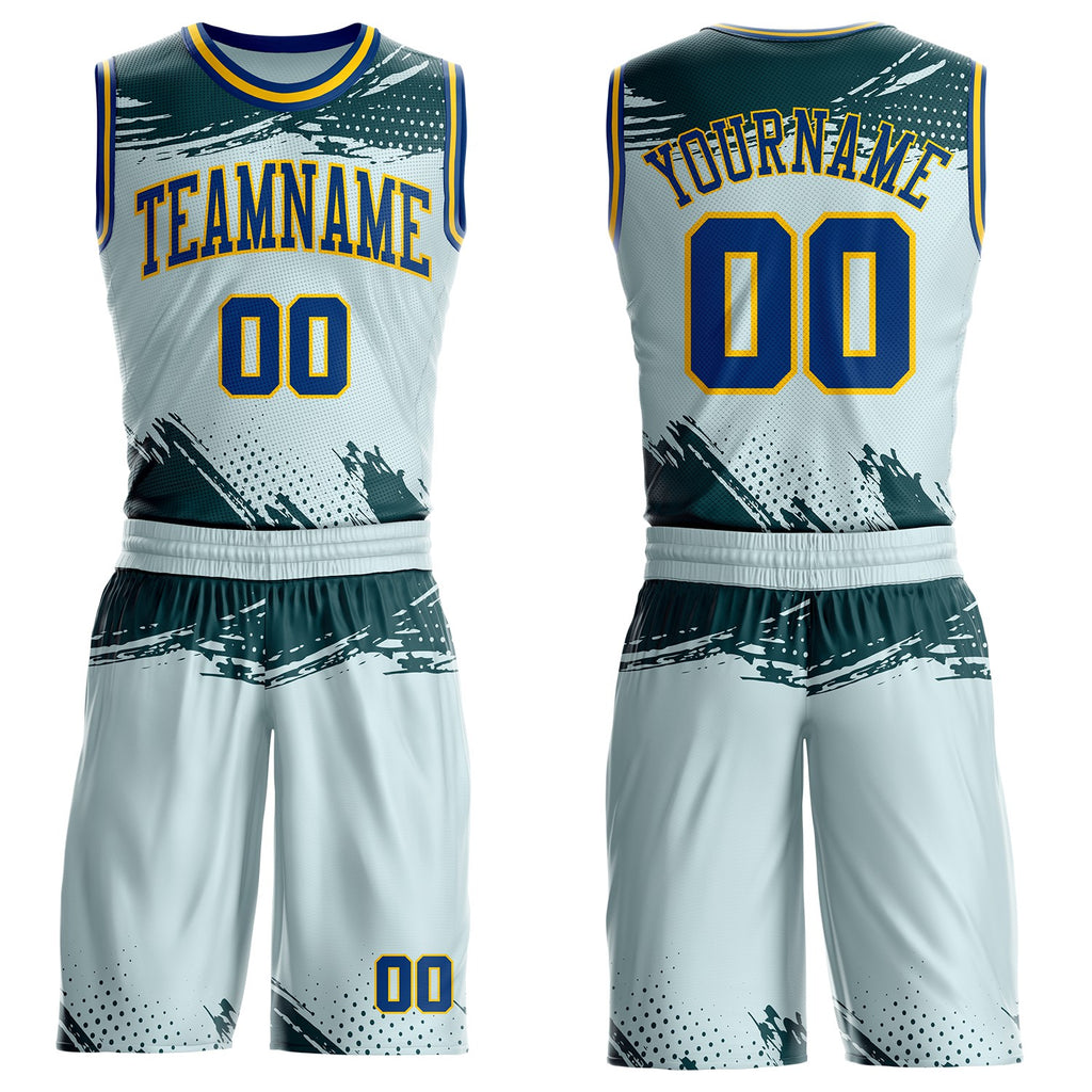 Custom Blue US Navy Blue-Yellow Brush Stroke Paint Splash Round Neck Sublimation Basketball Uniform Jersey