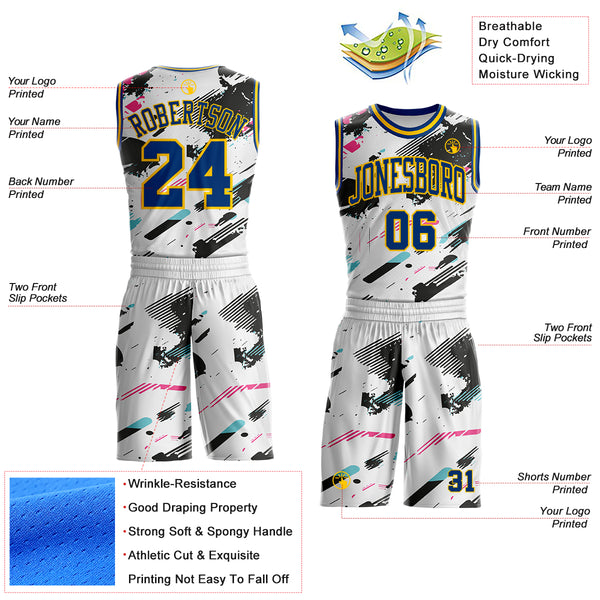 Custom White US Navy Blue Black Pink-Yellow Brush Stroke Paint Splash Round Neck Sublimation Basketball Uniform Jersey