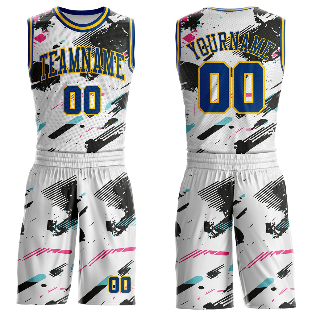 Custom White US Navy Blue Black Pink-Yellow Brush Stroke Paint Splash Round Neck Sublimation Basketball Uniform Jersey