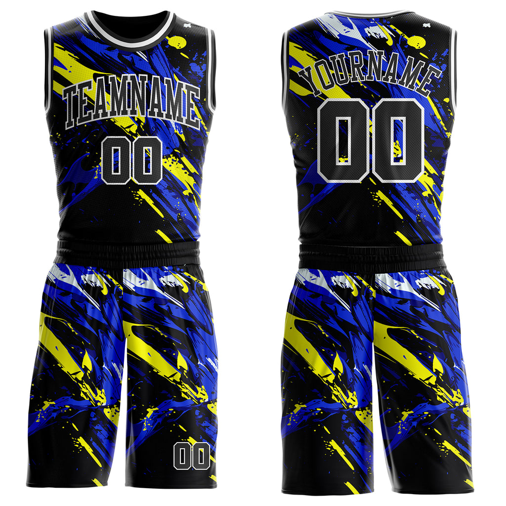 Custom Black Blue Yellow-White Brush Stroke Paint Splash Round Neck Sublimation Basketball Uniform Jersey