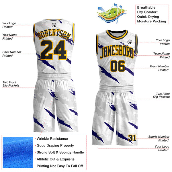 Custom White Black Blue-Gold Brush Stroke Paint Splash Round Neck Sublimation Basketball Uniform Jersey