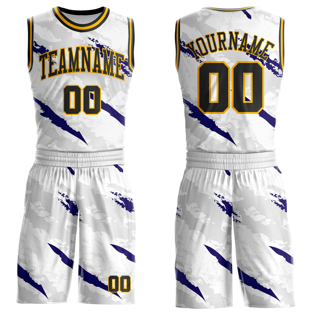 Custom White Black Blue-Gold Brush Stroke Paint Splash Round Neck Sublimation Basketball Uniform Jersey