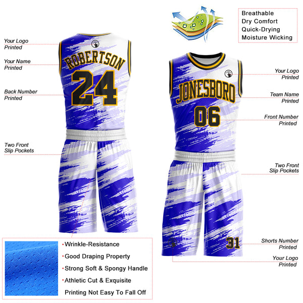 Custom White Black Blue-Gold Brush Stroke Paint Splash Round Neck Sublimation Basketball Uniform Jersey