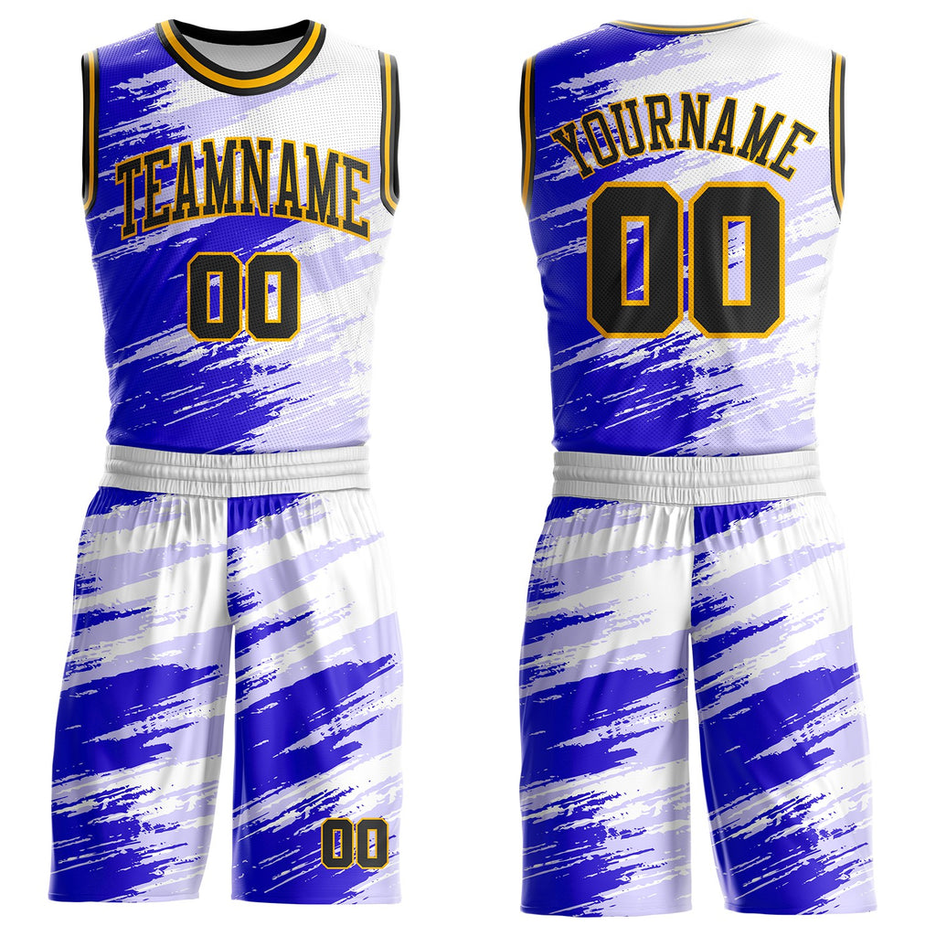Custom White Black Blue-Gold Brush Stroke Paint Splash Round Neck Sublimation Basketball Uniform Jersey
