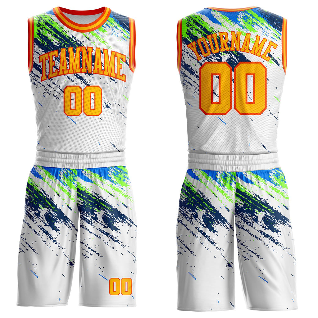 Custom White Gold Blue Neon Green-Orange Brush Stroke Paint Splash Round Neck Sublimation Basketball Uniform Jersey