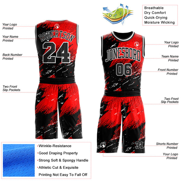 Custom Red Black-White Brush Stroke Paint Splash Round Neck Sublimation Basketball Uniform Jersey