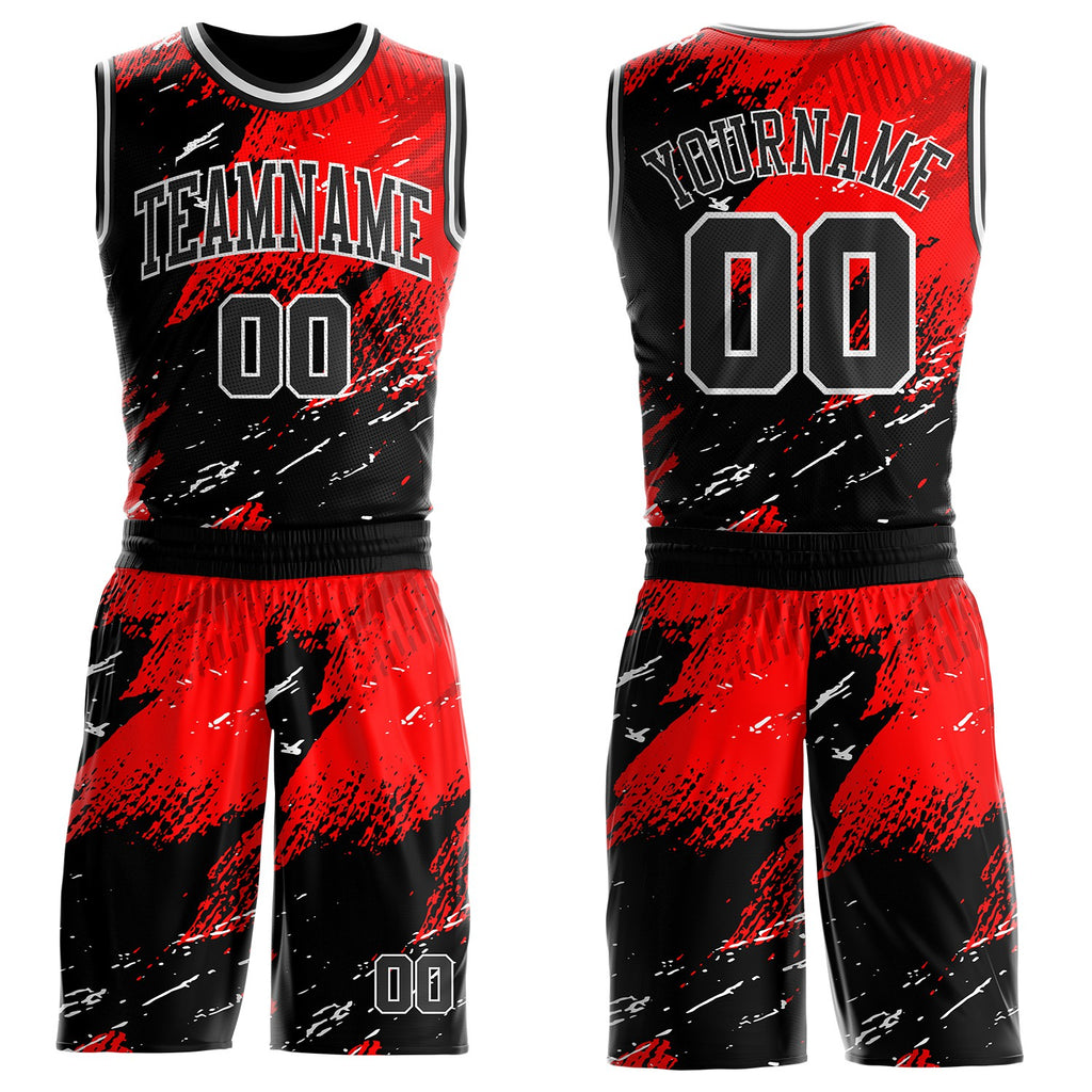 Custom Red Black-White Brush Stroke Paint Splash Round Neck Sublimation Basketball Uniform Jersey