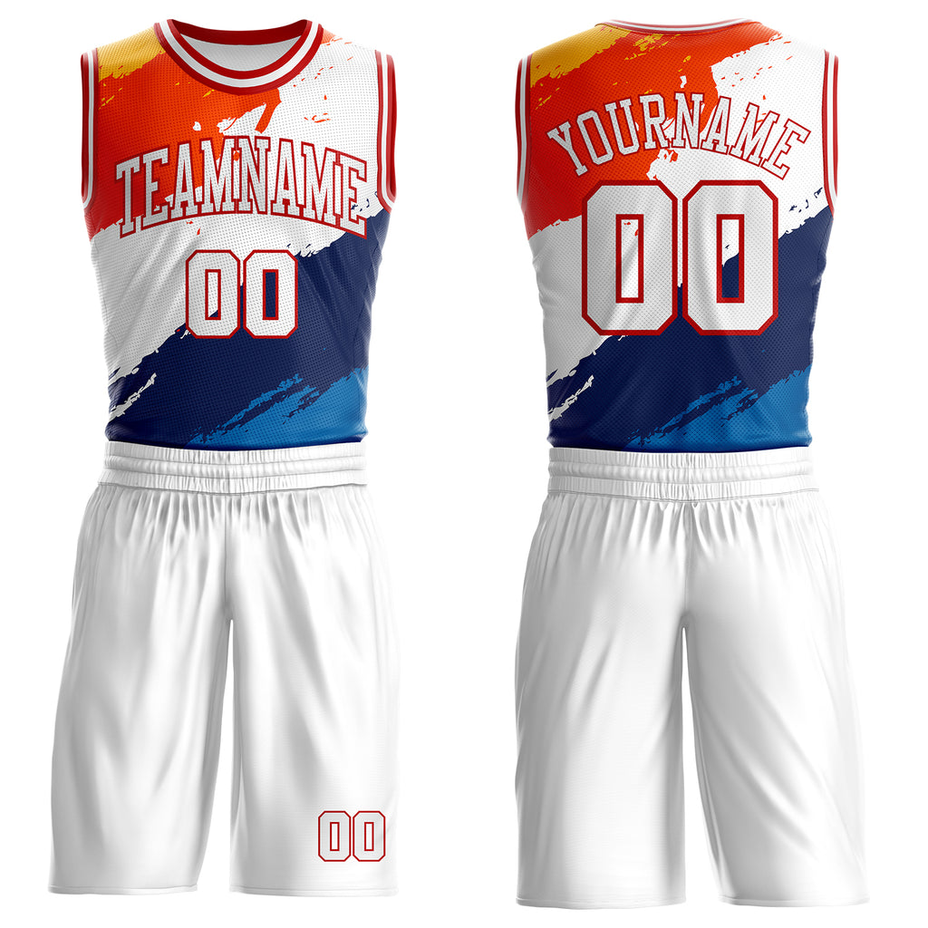 Custom White Blue Orange Yellow-Red Brush Stroke Paint Splash Round Neck Sublimation Basketball Uniform Jersey