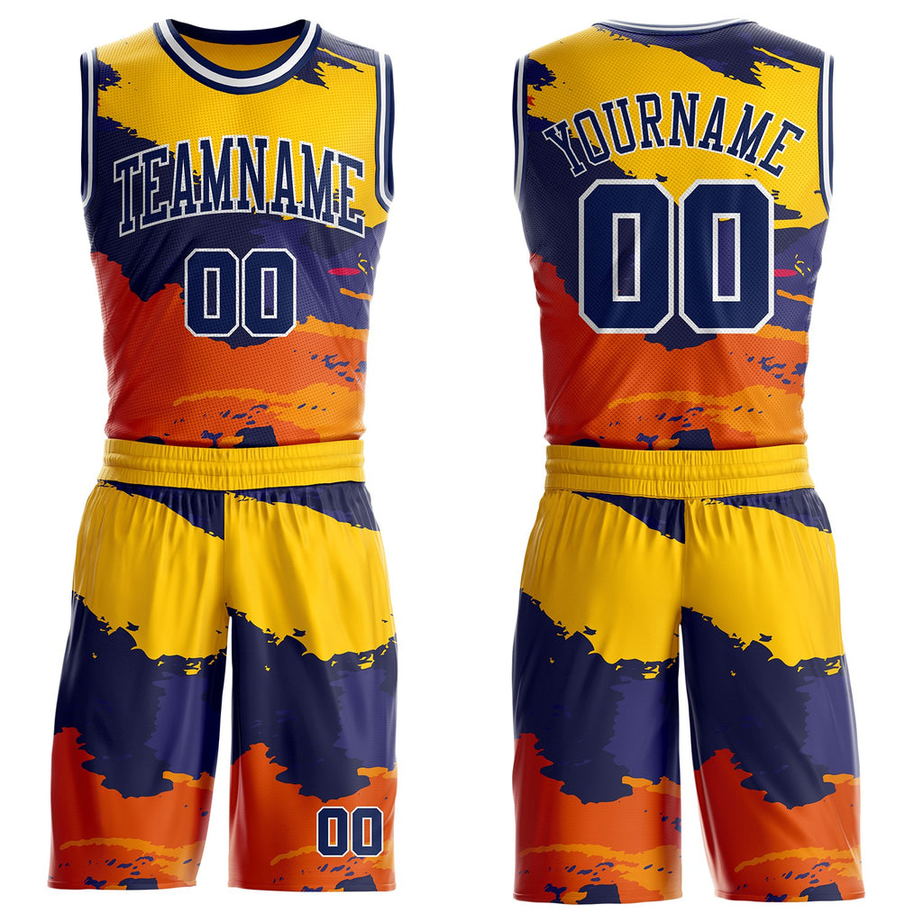 Custom Gold Navy Orange-White Brush Stroke Paint Splash Round Neck Sublimation Basketball Uniform Jersey