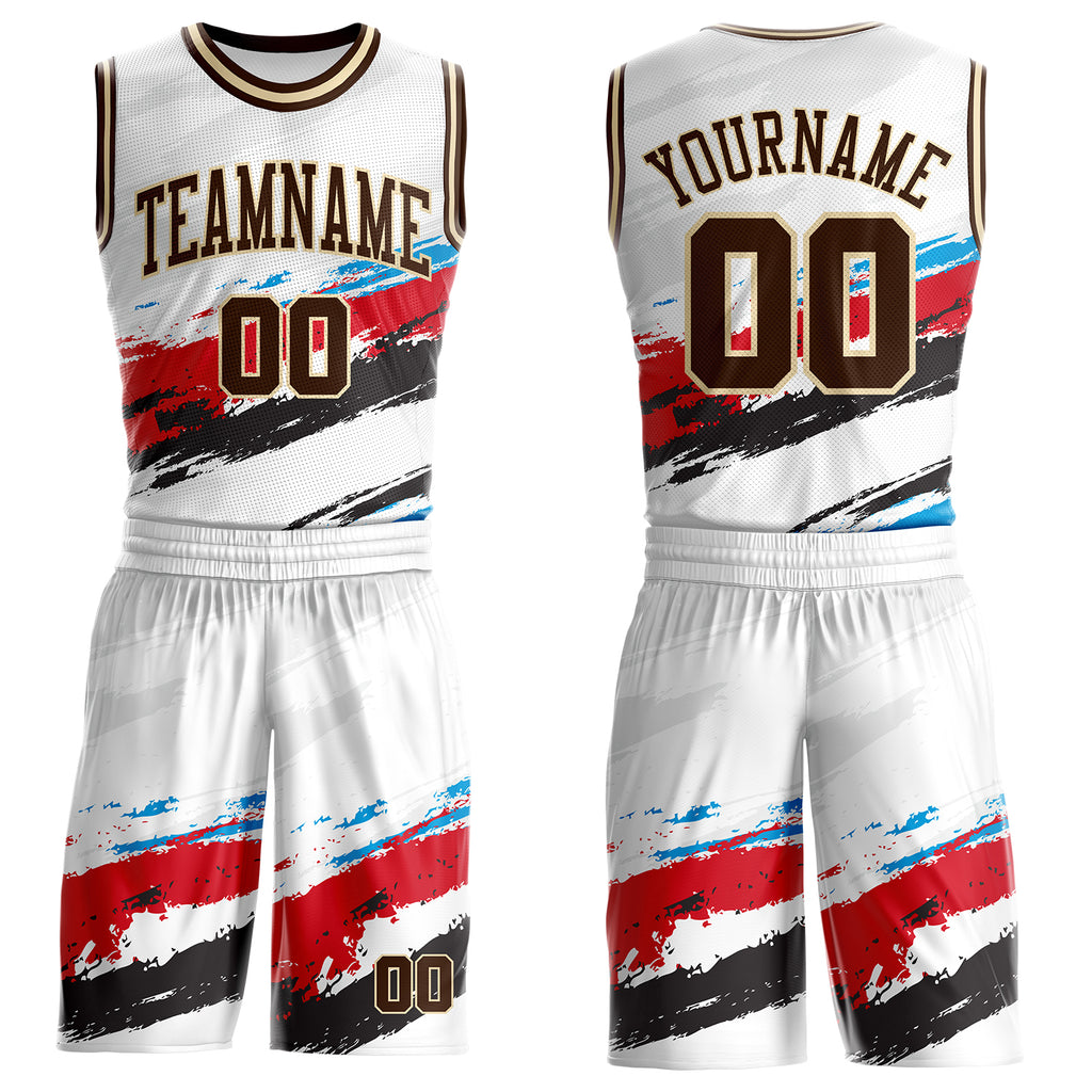 Custom White Brown Red Blue Black-Cream Brush Stroke Paint Splash Round Neck Sublimation Basketball Uniform Jersey