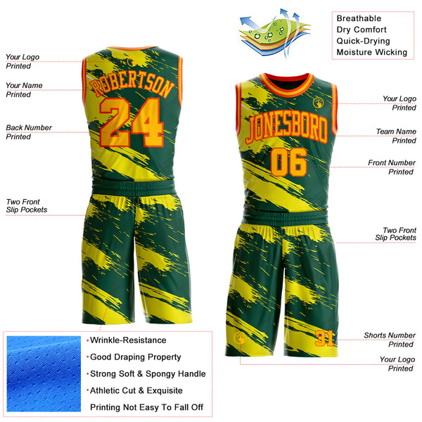 Custom Green Gold-Orange Brush Stroke Paint Splash Round Neck Sublimation Basketball Uniform Jersey