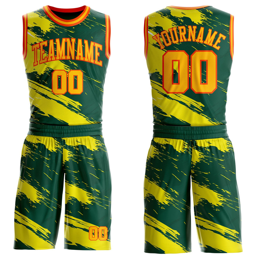 Custom Green Gold-Orange Brush Stroke Paint Splash Round Neck Sublimation Basketball Uniform Jersey