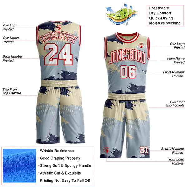 Custom Gray White Blue Cream-Red Brush Stroke Paint Splash Round Neck Sublimation Basketball Uniform Jersey
