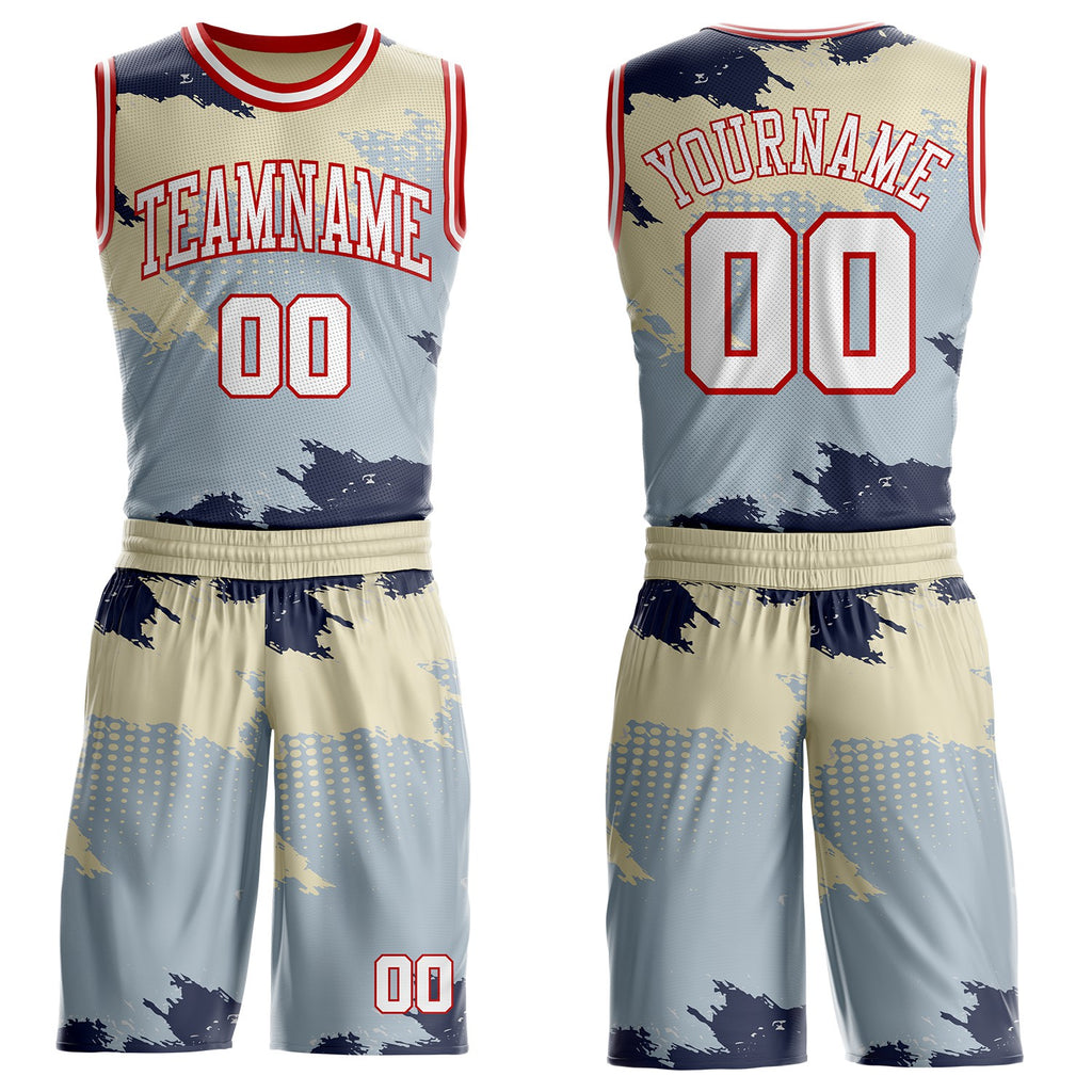 Custom Gray White Blue Cream-Red Brush Stroke Paint Splash Round Neck Sublimation Basketball Uniform Jersey