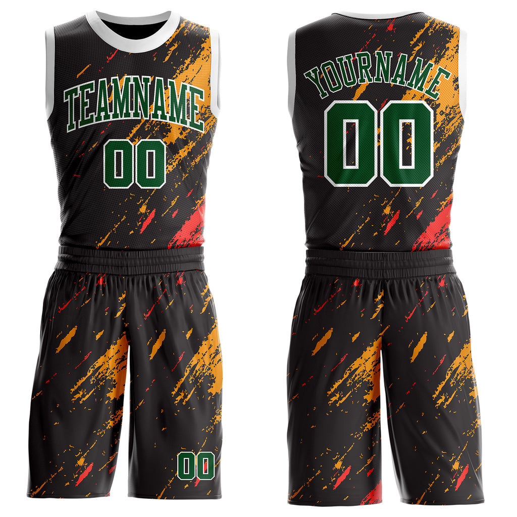 Custom Black Green Yellow Red-White Brush Stroke Paint Splash Round Neck Sublimation Basketball Uniform Jersey