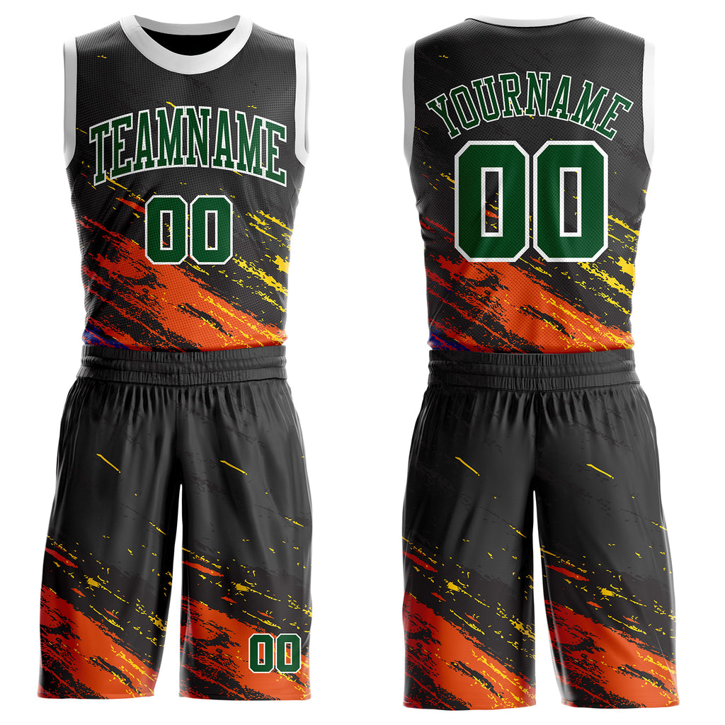 Custom Black Green Orange Yellow-White Brush Stroke Paint Splash Round Neck Sublimation Basketball Uniform Jersey