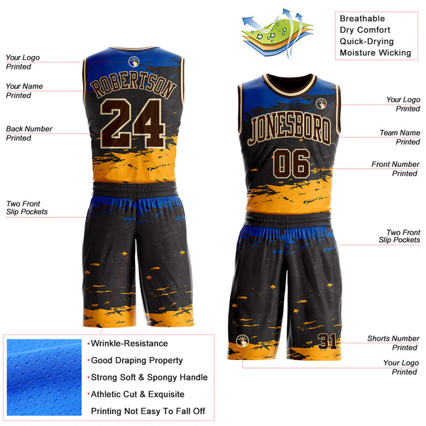 Custom Black Brown Blue Yellow-Cream Brush Stroke Paint Splash Round Neck Sublimation Basketball Uniform Jersey