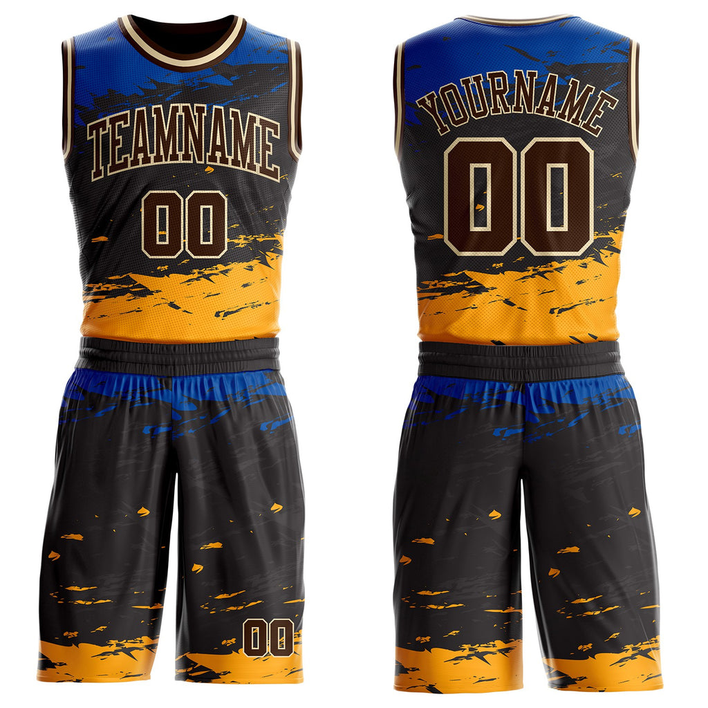 Custom Black Brown Blue Yellow-Cream Brush Stroke Paint Splash Round Neck Sublimation Basketball Uniform Jersey