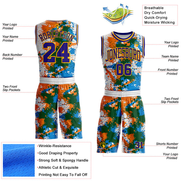 Custom White Dark Purple Orange Green Blue-Gold Paint Splatter Round Neck Sublimation Basketball Uniform Jersey