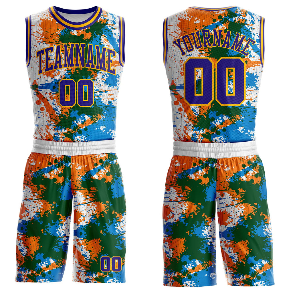 Custom White Dark Purple Orange Green Blue-Gold Paint Splatter Round Neck Sublimation Basketball Uniform Jersey