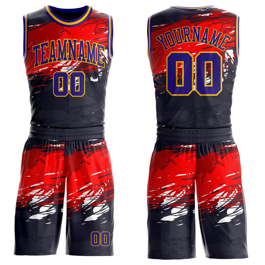 Custom Black Dark Purple Red-Gold Brush Stroke Paint Splash Round Neck Sublimation Basketball Uniform Jersey