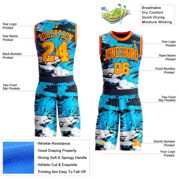 Custom Blue Gold-Orange Brush Stroke Paint Splash Round Neck Sublimation Basketball Uniform Jersey