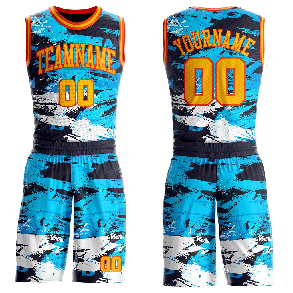Custom Blue Gold-Orange Brush Stroke Paint Splash Round Neck Sublimation Basketball Uniform Jersey
