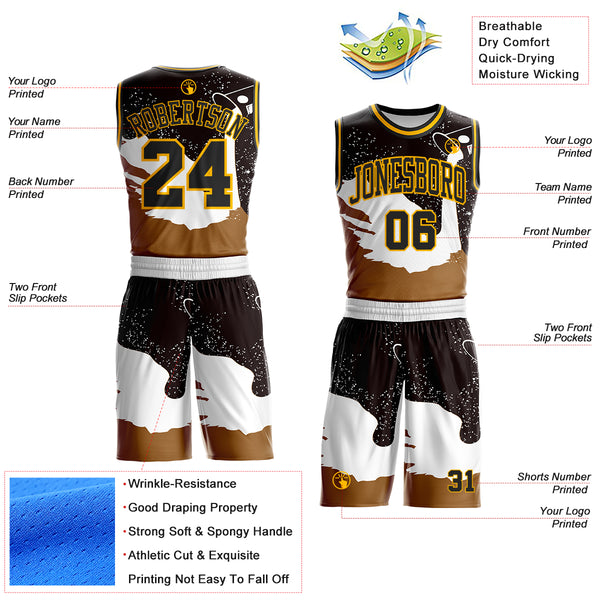 Custom White Black Brown-Gold Brush Stroke Paint Splash Round Neck Sublimation Basketball Uniform Jersey