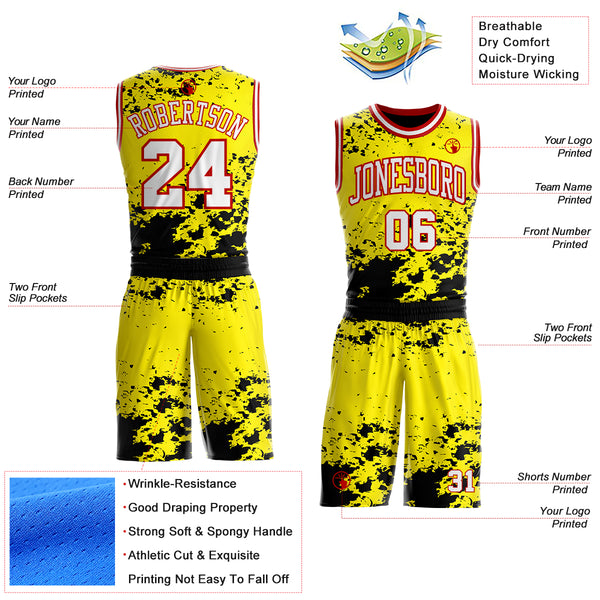 Custom Light Yellow White Black-Red Paint Splatter Round Neck Sublimation Basketball Uniform Jersey