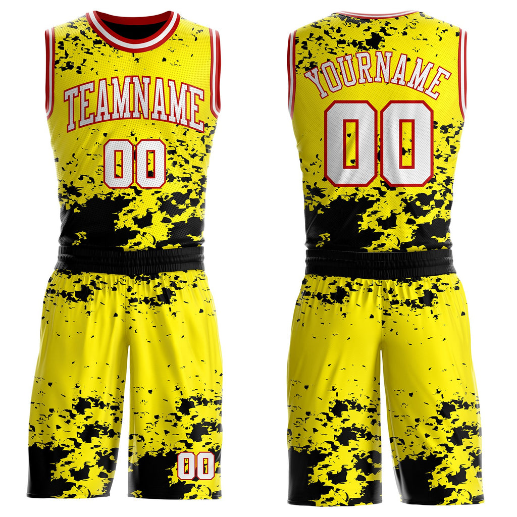 Custom Light Yellow White Black-Red Paint Splatter Round Neck Sublimation Basketball Uniform Jersey