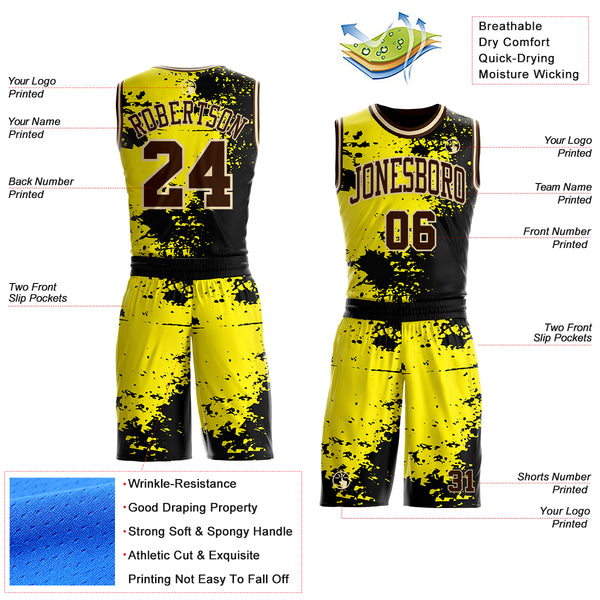 Custom Light Yellow Brown Black-Cream Paint Splatter Round Neck Sublimation Basketball Uniform Jersey