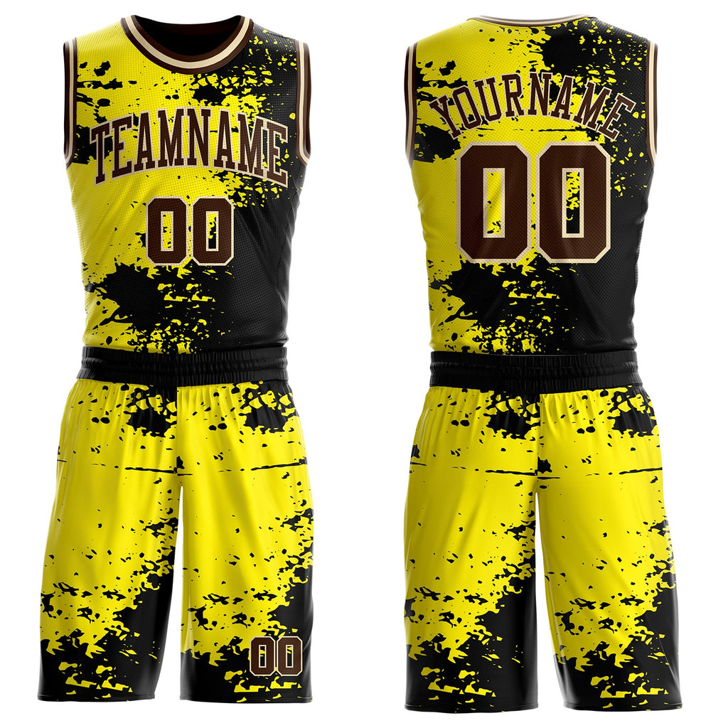 Custom Light Yellow Brown Black-Cream Paint Splatter Round Neck Sublimation Basketball Uniform Jersey