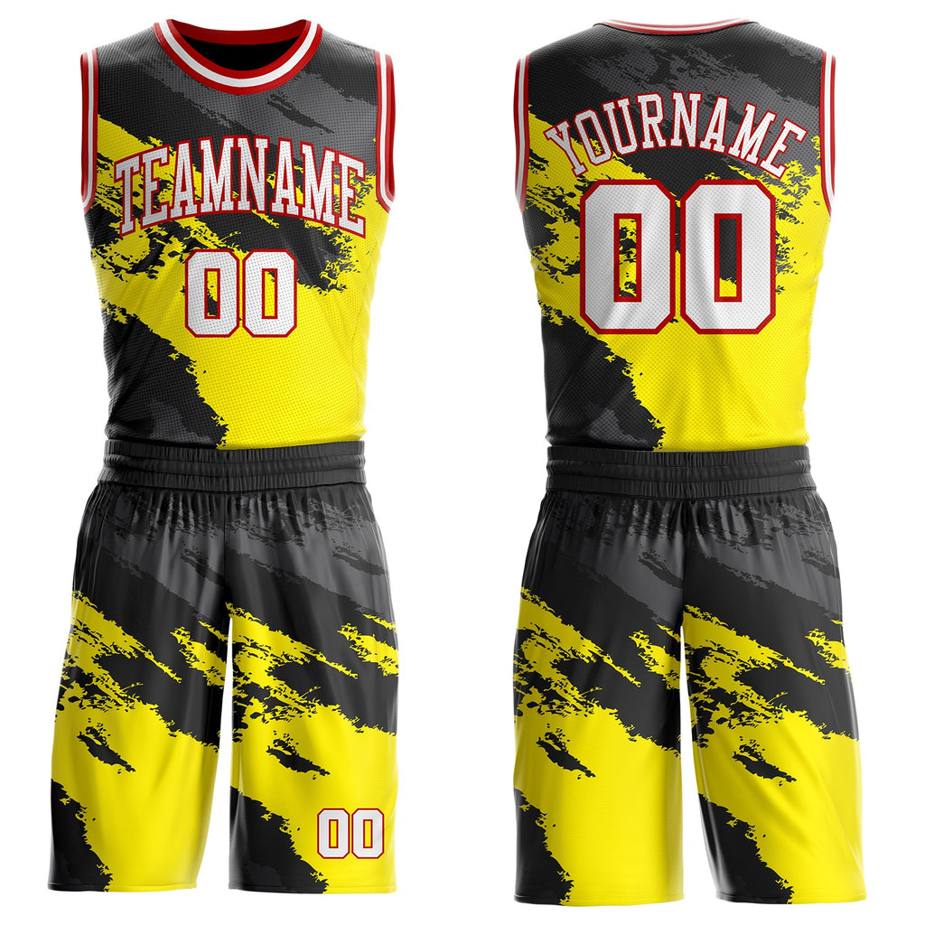Custom Light Yellow White Black Gray-Red Brush Stroke Paint Splash Round Neck Sublimation Basketball Uniform Jersey