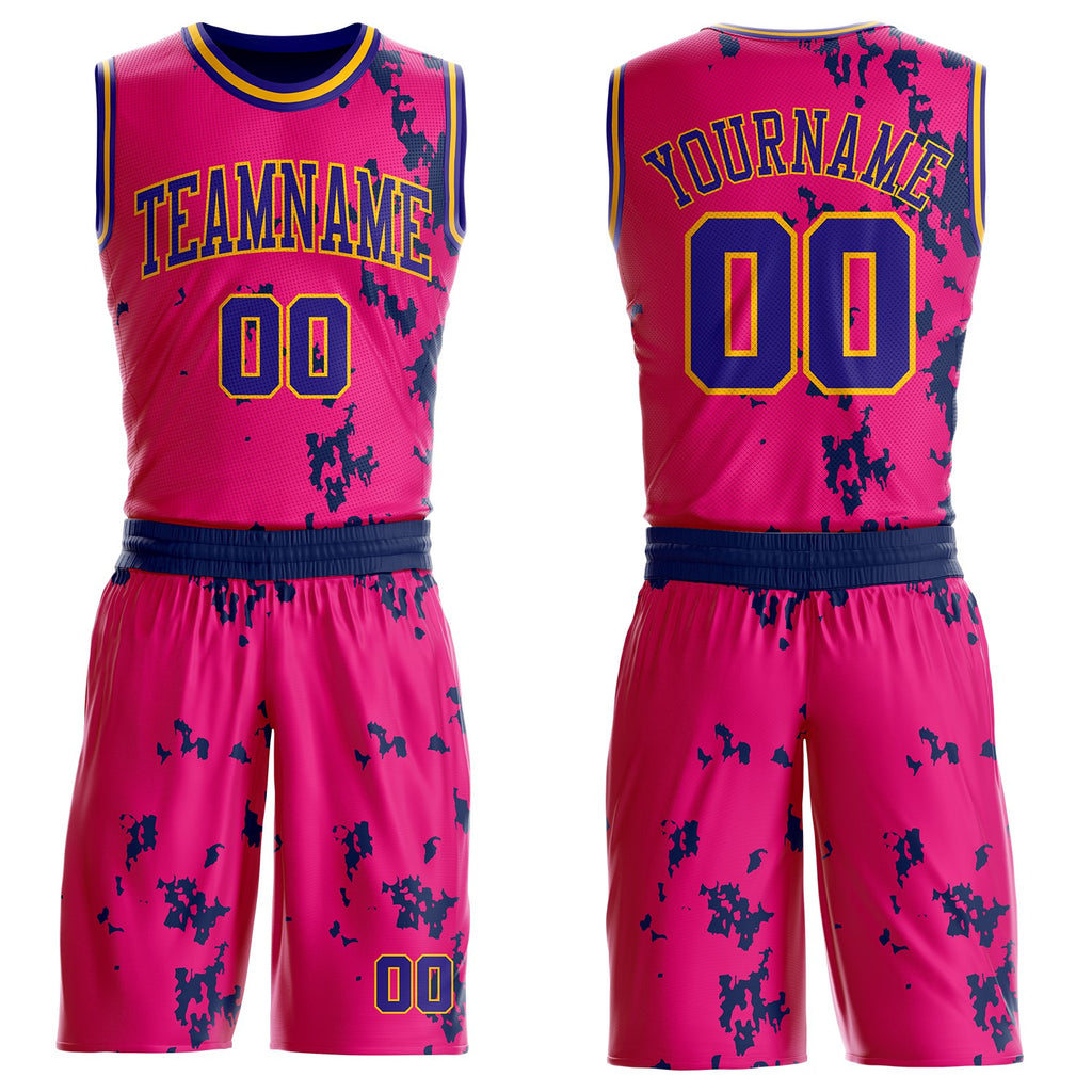 Custom Hot Pink Dark Purple Navy-Gold Paint Splatter Round Neck Sublimation Basketball Uniform Jersey