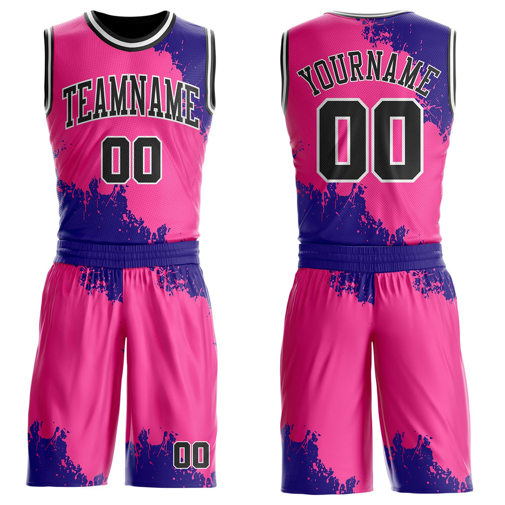Custom Pink Black Dark Purple-White Paint Splatter Round Neck Sublimation Basketball Uniform Jersey