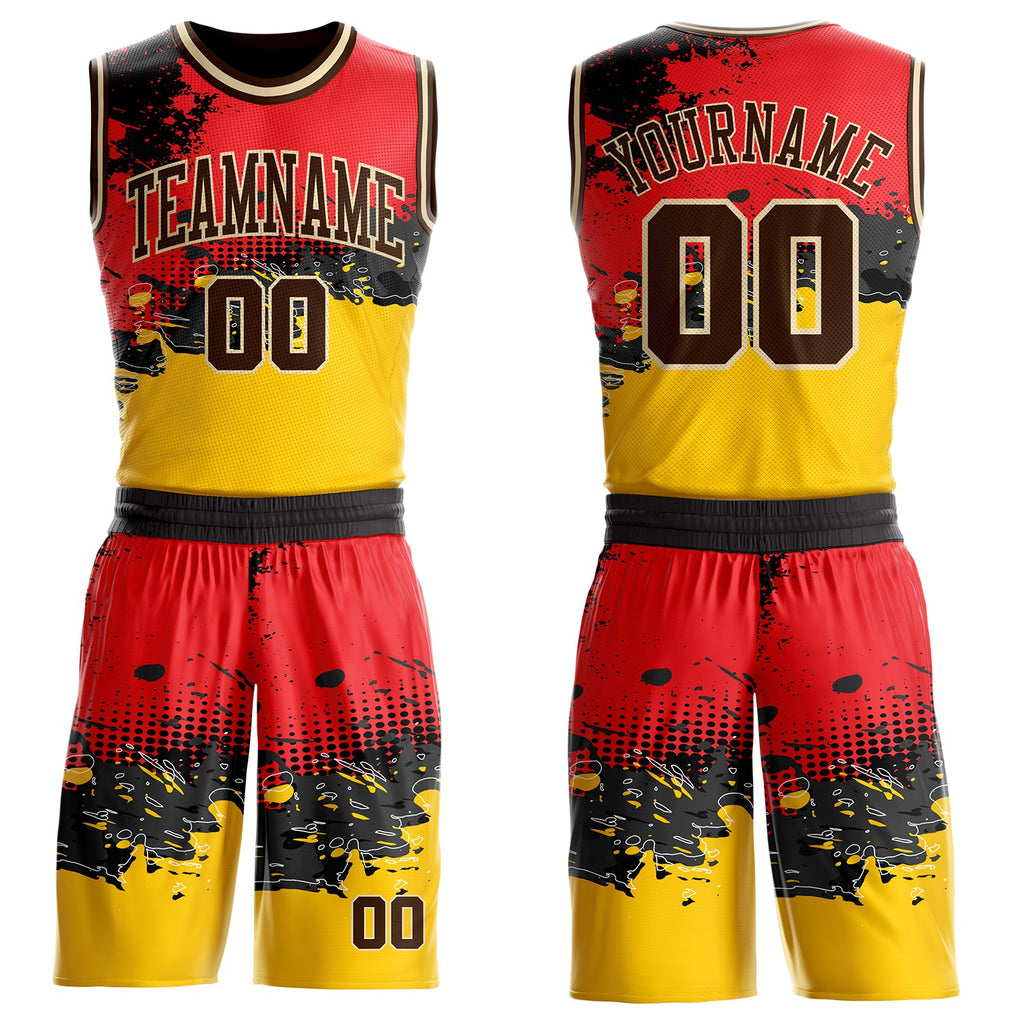 Custom Red Brown Yellow Black-Cream Brush Stroke Paint Splash Round Neck Sublimation Basketball Uniform Jersey